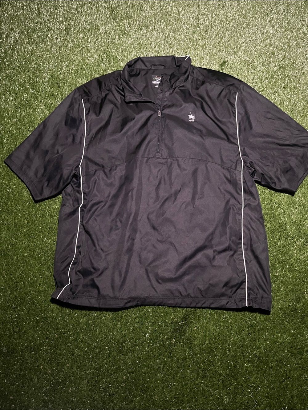 Men’s Lg Greg Norman Black Short-Sleeve Pullover Windshirt with White Piping